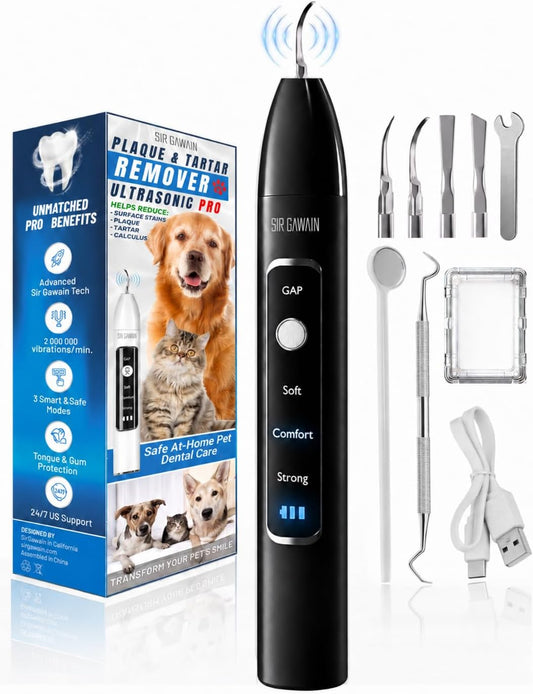 SIRGAWAIN Pet Ultrasonic Dental Cleaner — Plaque, Tartar & Stains Remover, 4 Tips, 3 Modes, LED, Contact-Activated & Smart Touch Protection, Complete Cleaning Kit for Dogs & Cats (Dark)
