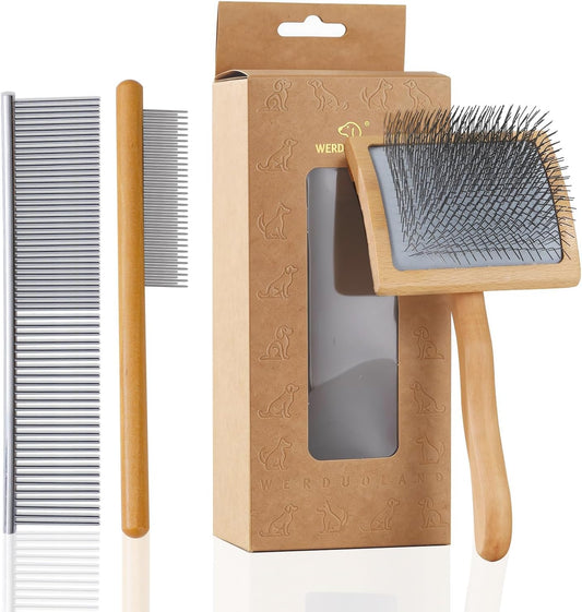 Slicker Brush for Long Haired Dogs, Wooden Ergonomic Handle