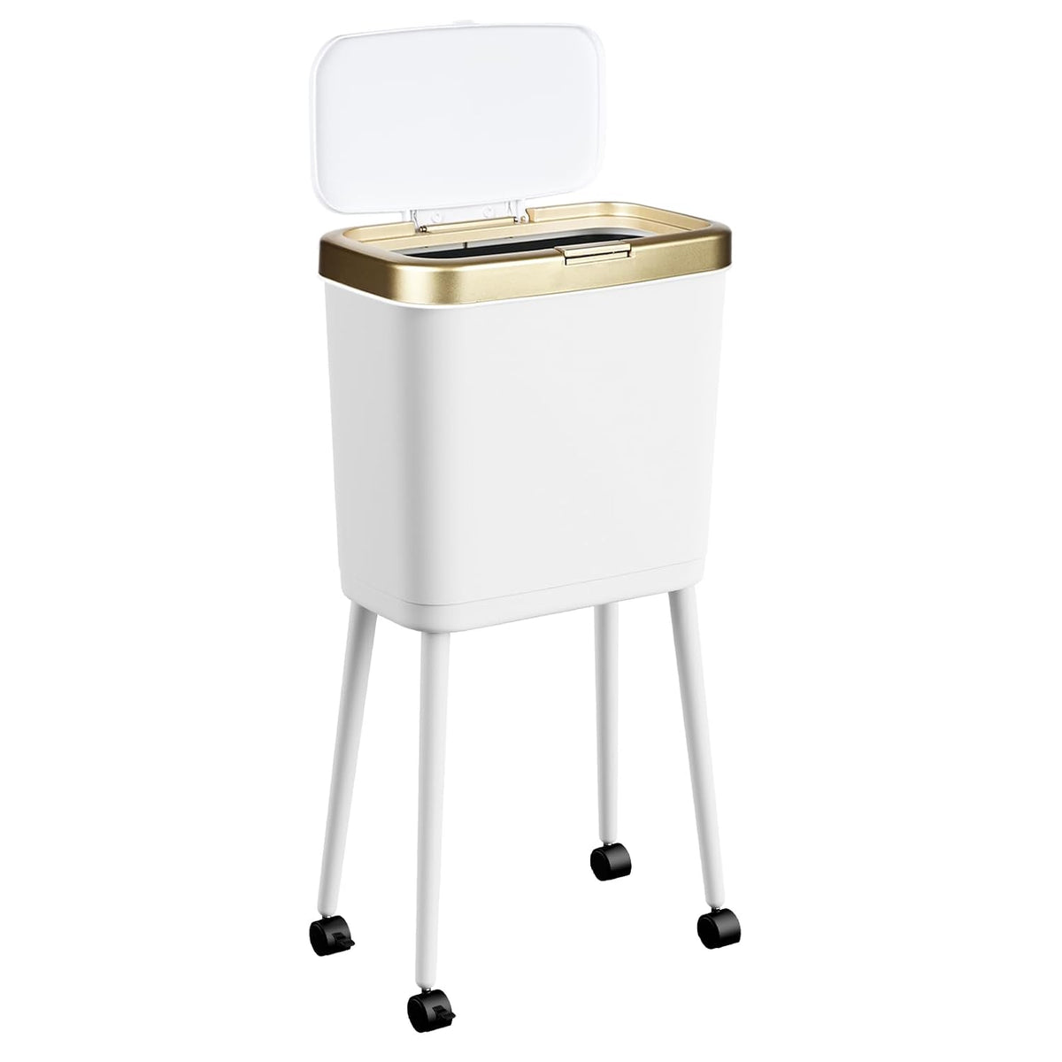 Kitchen Trash Can with Lid and Wheels, 15L White Slim High Foot Garbage Bin with Gold Edge, Pop up Dog Proof Trash Can with Raised Legs, Plastic Trash Can for Laundry Room, Bathroom, Office