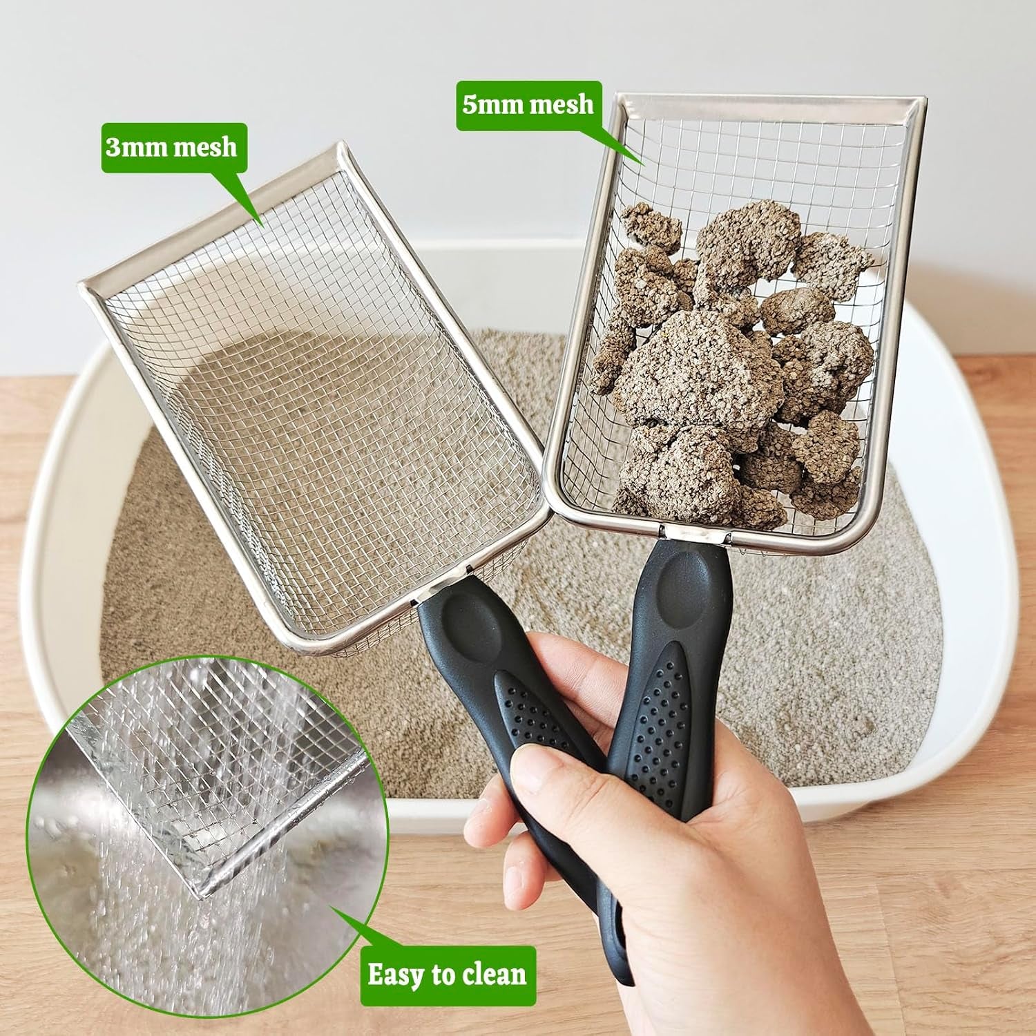 2Pcs Cat Litter Scoop Metal Stainless Steel Mesh Kitty Litter Scoop with Hook, Cat Scooper for Litter Box, Filter Small Pieces Quickly, Easy to Clean and Durable (3Mm/5Mm Mesh)