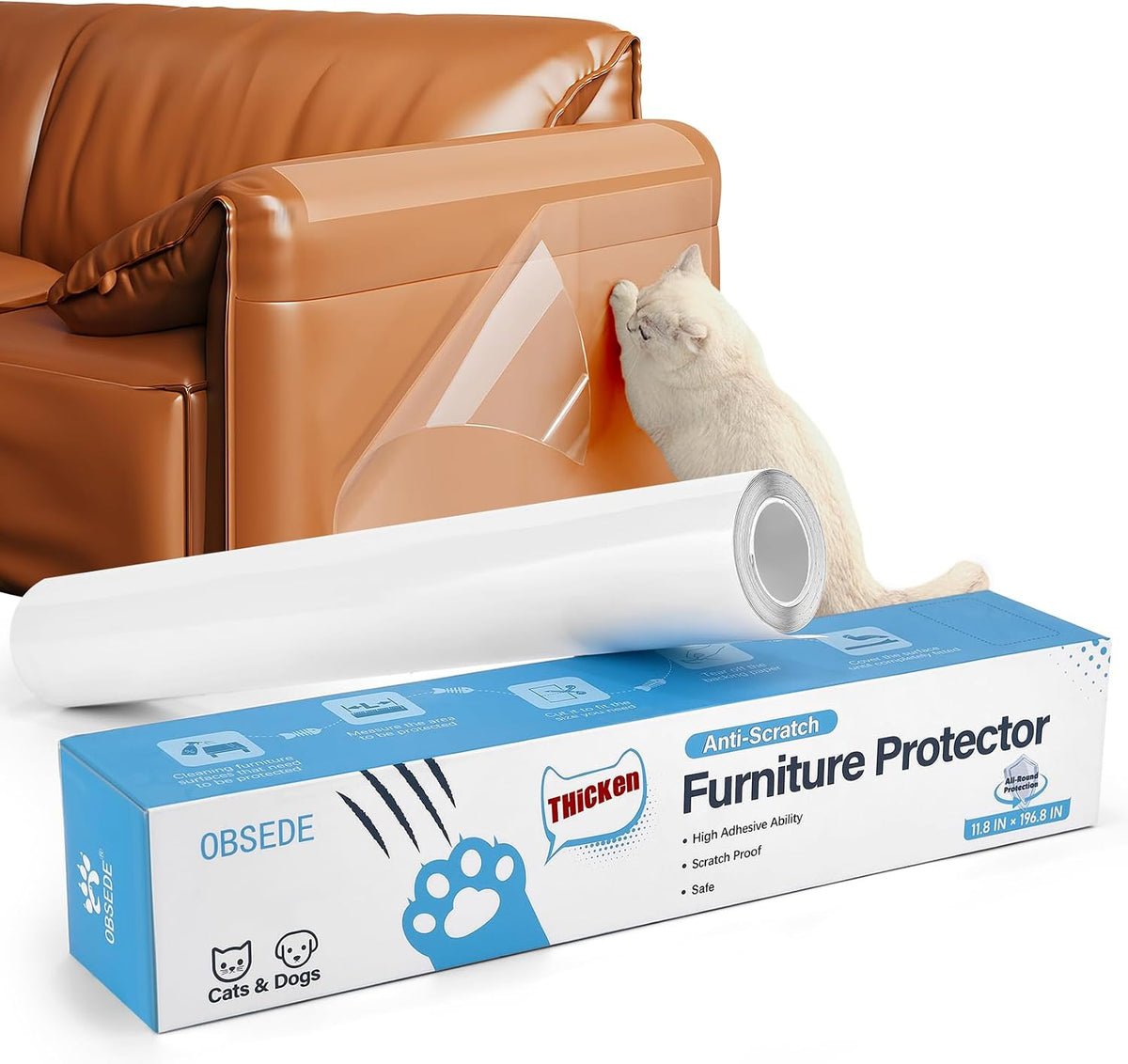 OBSEDE Cat Scratch Furniture Protector Clear Adhesive Film Roll 11.8X196.8