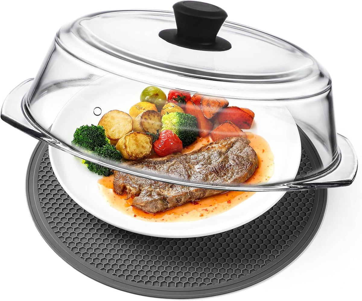 2 in 1, Tall Glass Microwave Splatter Cover for Food & Microwave Place Mat, Plate Splatter Guard Lid with Silicone Handle Knob, Cookware & Bakeware Serving Dish Cover, Food Grade, No Plastic, 10In