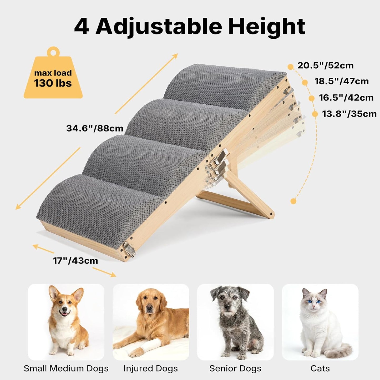 Veehoo Dog Ramp for Bed Couch for Small to Large Dogs, Folding Ramp for Dogs to Get on Bed 4 Adjustable Height from 13.8" to 20.5", Wooden Pet Cat Stairs Doggie Steps with Foam Padding, up to 130Lbs