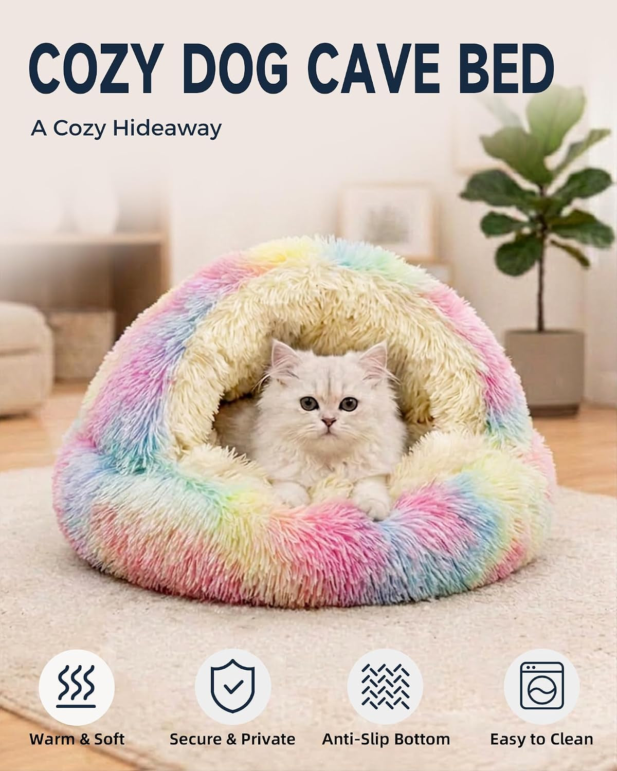 Shinhye Cat Bed round Plush Fluffy Hooded Cave, 23×23Inch, Multicolor
