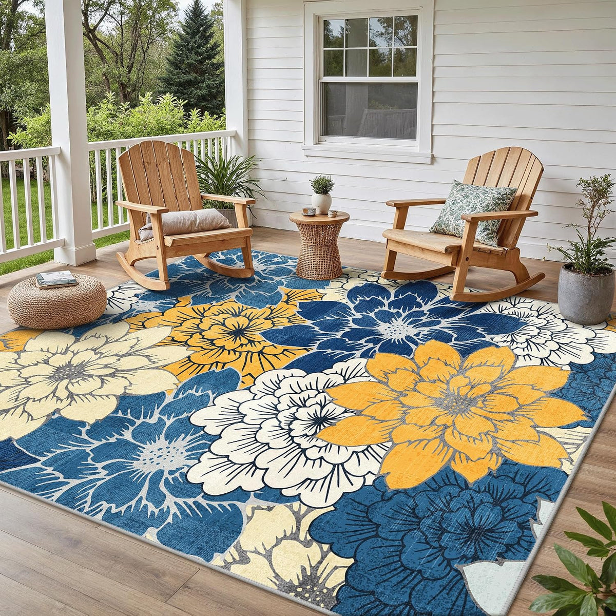 GENIMO 8X10 Outdoor Rug, Washable for Patio and Deck, Blue Yellow