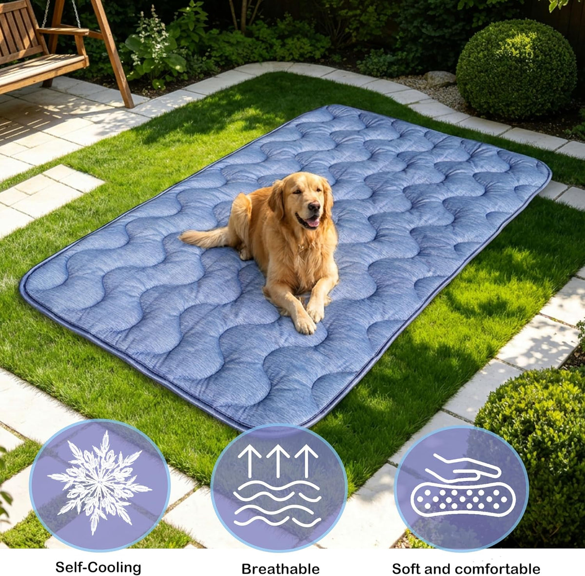 Dog Cooling Mat for Large Dogs & Cats, 55 X 39 in Washable Pet Cooling Pad, Double-Sided Soft Mat with Waterproof Reverse Side, No Gel, Water or Electricity, for Crate, Sofa, Floor & Car (Blue, XL)