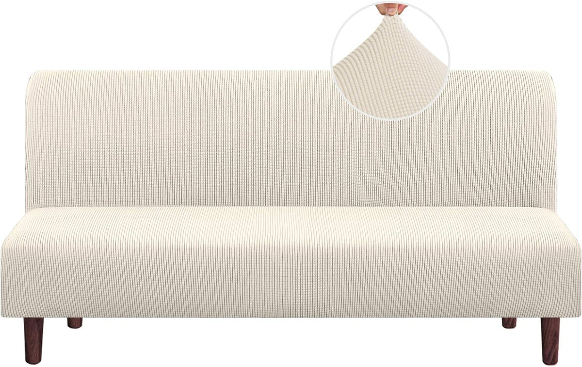Princedeco Stretch Armless Futon Cover Futon Slipcover Full Queen Size Couch Cover Futon Sofa Bed Cover Furniture Protector with Elastic Bottom, Machine Washable, Biscotti Beige