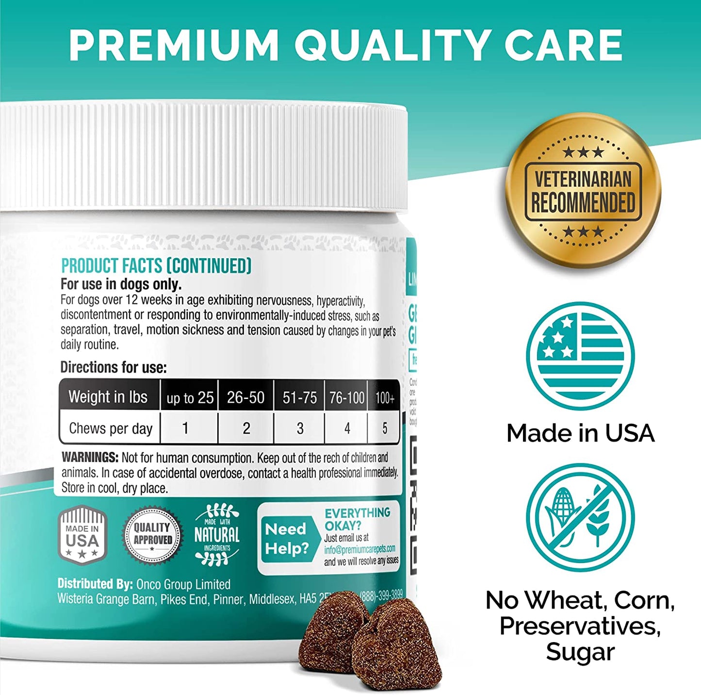 PREMIUM CARE Calming Chews for Dogs, Made in USA - Helps with Dog Anxiety, Separation, Barking, Stress Relief, Thunderstorms and More, 9.3 Oz (264G), 120 Count