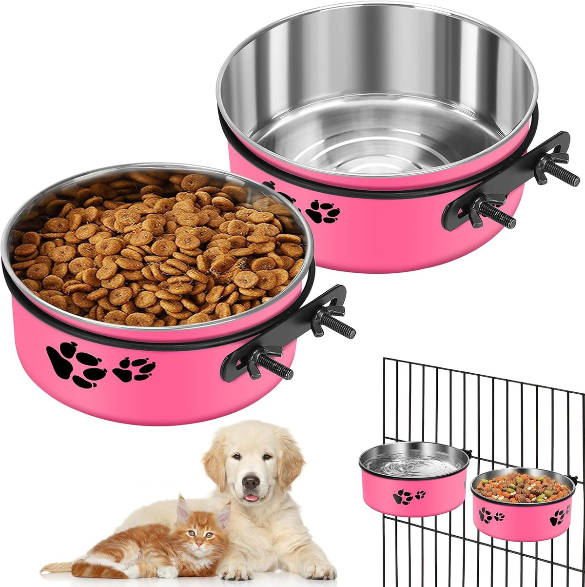Pink Kennel Bowls Mountable Stainless Steel Crate Bowls No Spill Hanging Kennel Water Bowl with Clamp Holder 2 Sizes 7.08X2.83’’,6.3X2.63’ Hot Pink