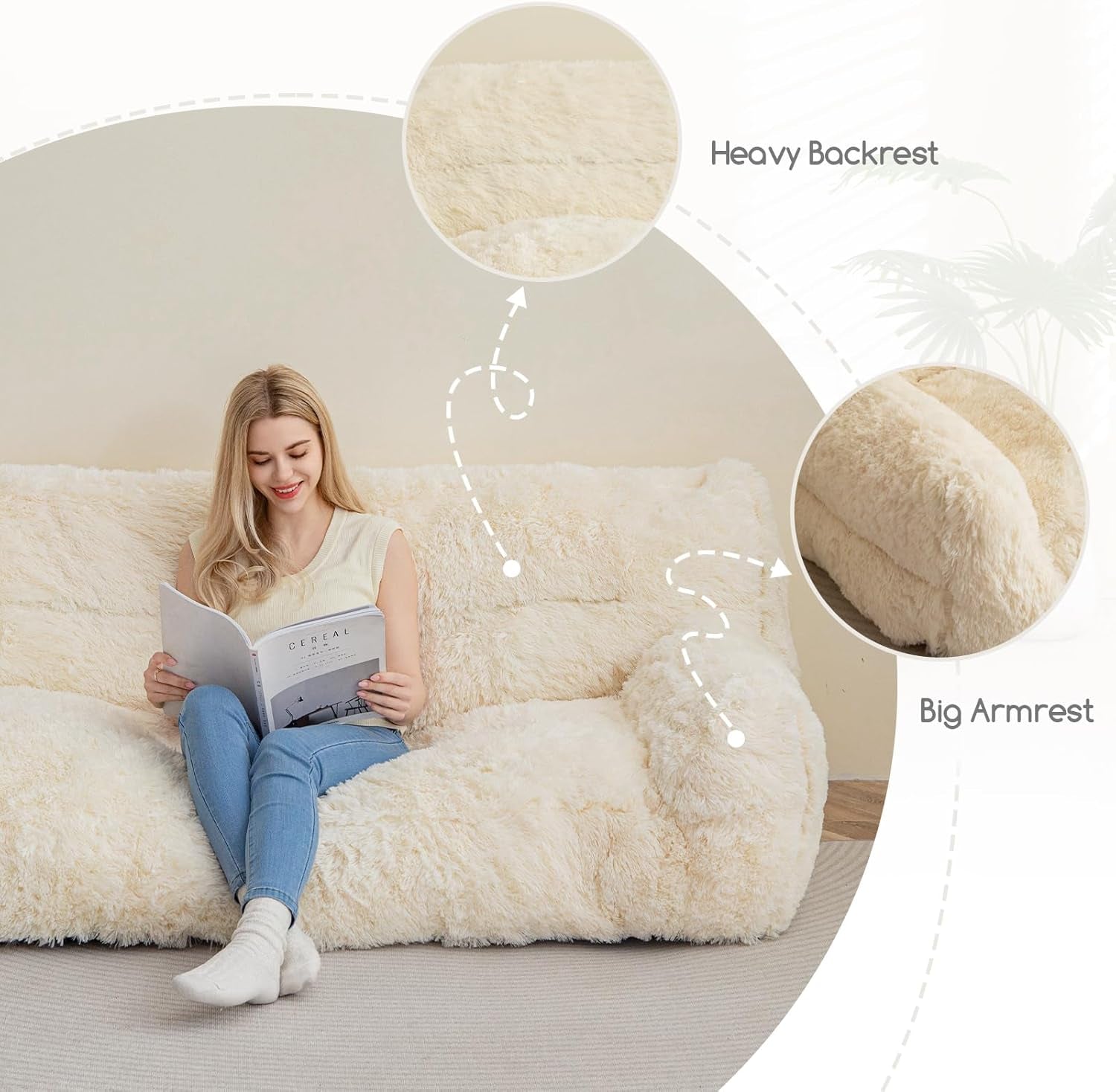 HIGOGOGO Giant Human Dog Sofa Bed, Big Comfy Floor Sofa Couch for Pet Families with Foam Chunk Supportive Mat, Fluffy Faux Fur Orthopedic Dog Bed for Human, XXXL Size, Beige
