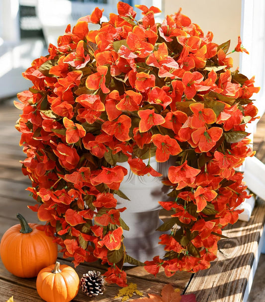 Bougainvillea Artificial Flowers Plants for Outdoors outside Fall Autumn Decor, 2 Pcs Faux Silk Long Trailing Vines UV Resistant Look Real Orange Fake Flowers for Front Door Porch Planter Urn Patio