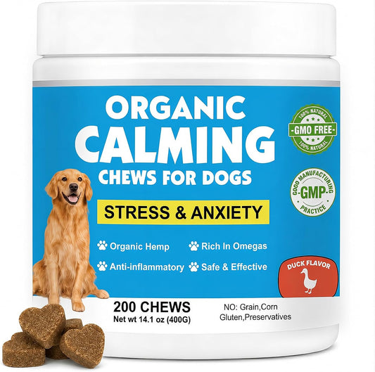 Calming Chews for Dogs, Dog Calming Treats with Melatonin, Stress & Anxiety Relief, Relaxation Aid for Travel, Vet Visits, Fireworks, Storms & Separation, Duck Flavor, 200 Soft Chews
