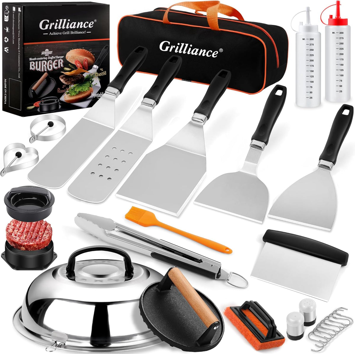 Grilliance 27Pcs Griddle Accessories Kit for Blackstone, Professional Hibachi Flat Top Grill Tools, Enlarged Spatula Gift Set with Basting Cover，Burger Press Patty Maker for Outdoor BBQ Teppanyaki