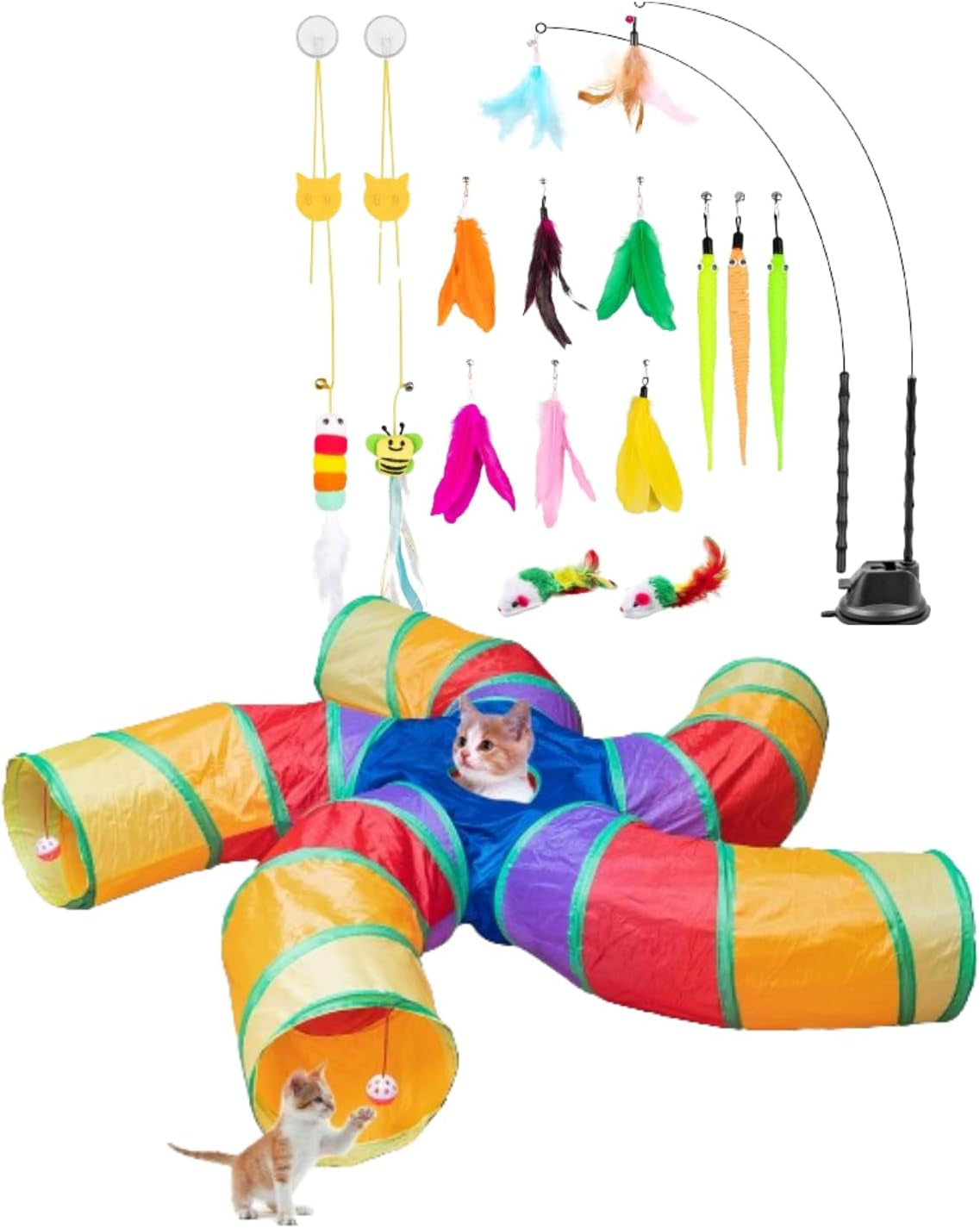 Depets Cat Tunnel for Indoor Play & Cat Wand Toy, 5 Way Large Cat Tube with Play Ball, 15 Pcs Interactive Cat Feather Toys for Cat Kitten Puppy Rabbit