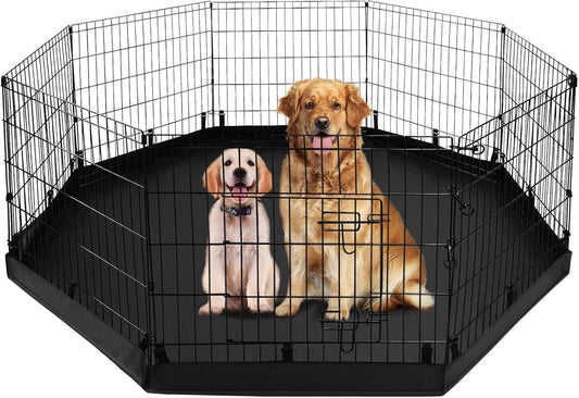Pjyucien Dog Playpen with Bottom Pad - Metal Foldable Exercise Pen, 8 Panels 24" H X 24" W Indoor Outdoor Pet Fence Puppy Crate Kennel, Black
