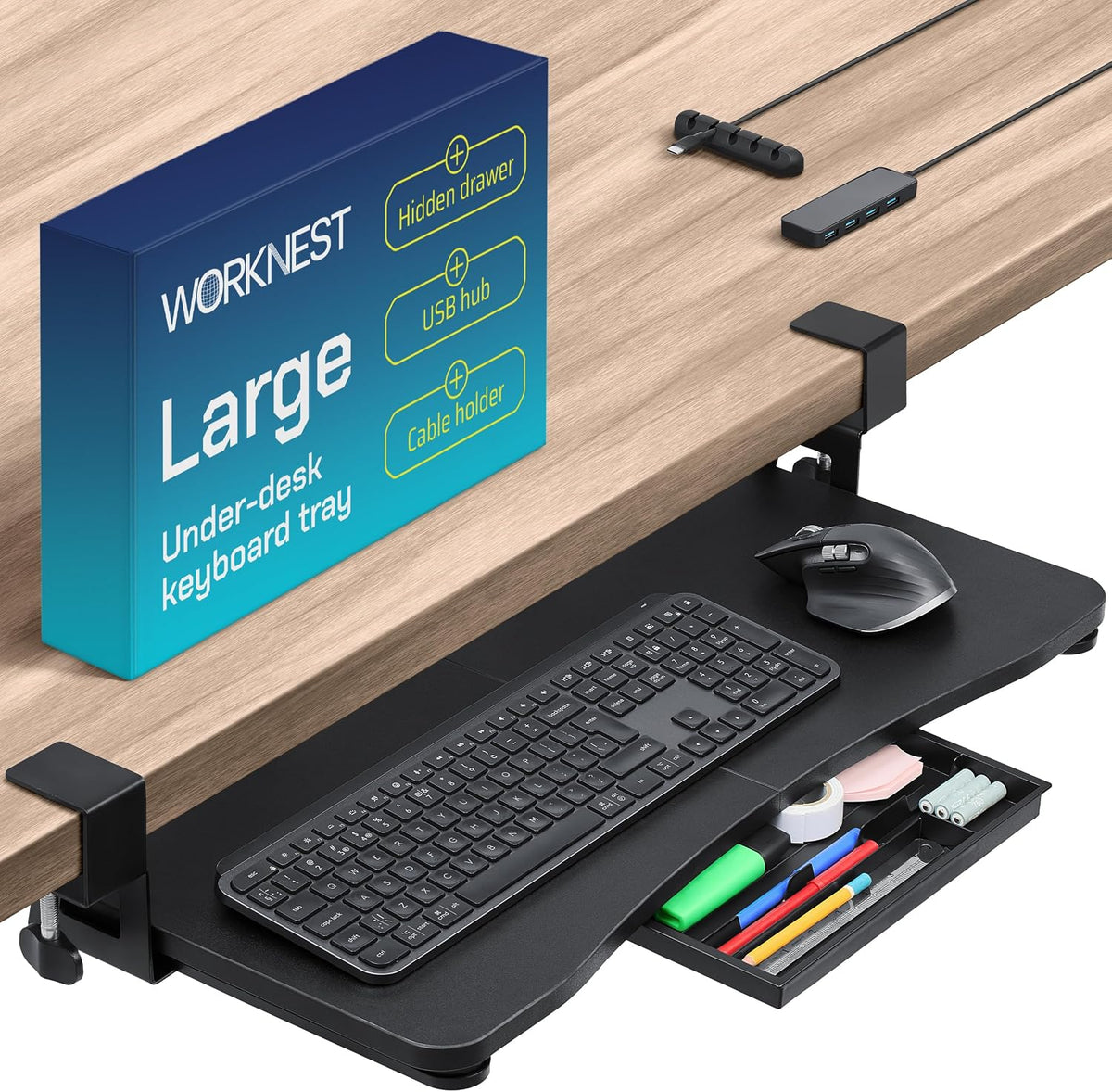 Keyboard Tray | under Desk Keyboard Tray Slide Out W/Adjustable C-Clamps for Desks up to 1.5-Inch-Thick | Clamp on Drawer with 1X USB-C to 4 USB-A Hub and 1X Five-Cable Management Organizer