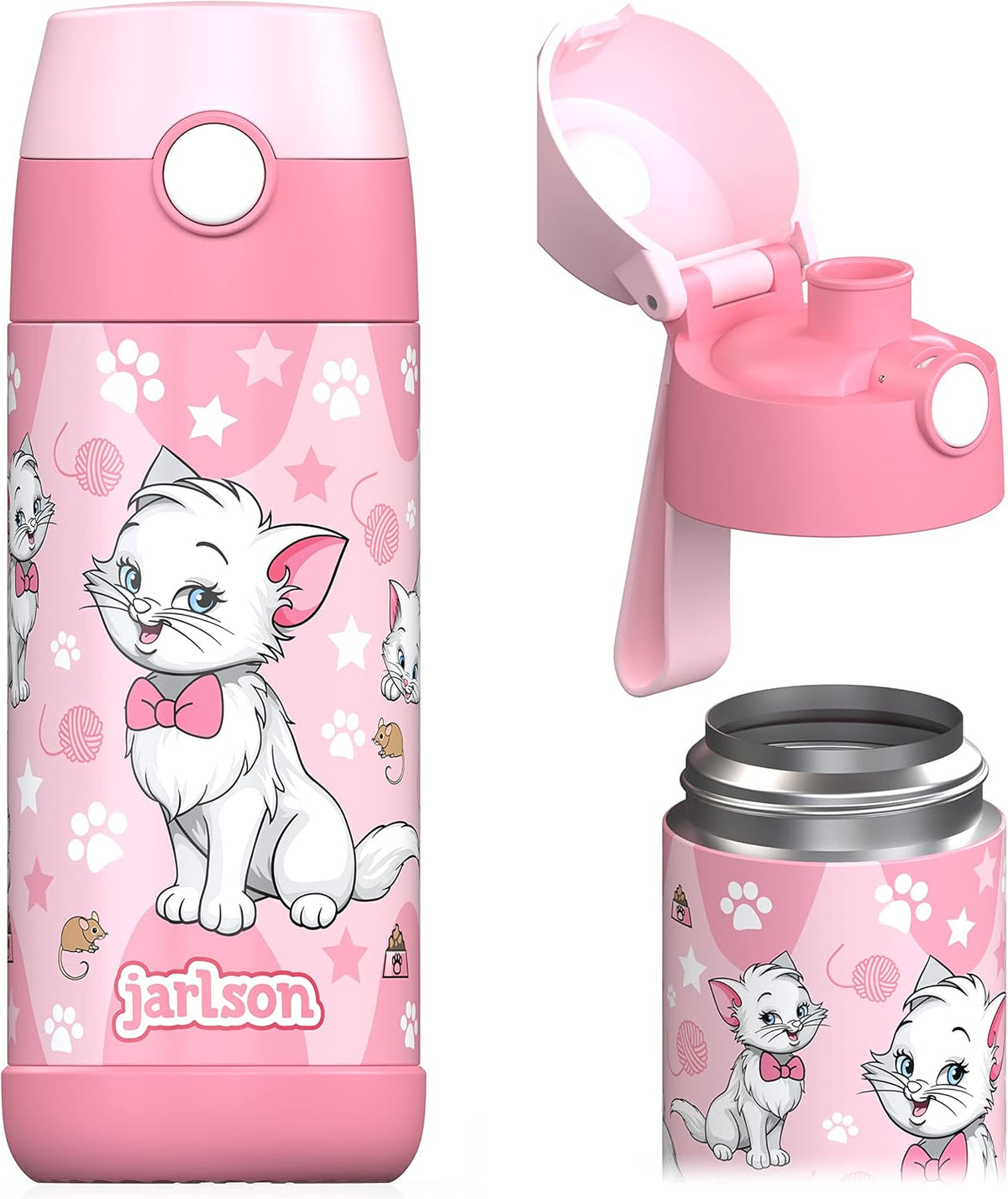 Jarlson® Kids Water Bottle MALI [12OZ] - No Straw Stainless Steel Thermo Bottle - Insulated Waterbottle Leak Proof for School & Sports - Thermo Tumbler for Boys & Girls (Cat)