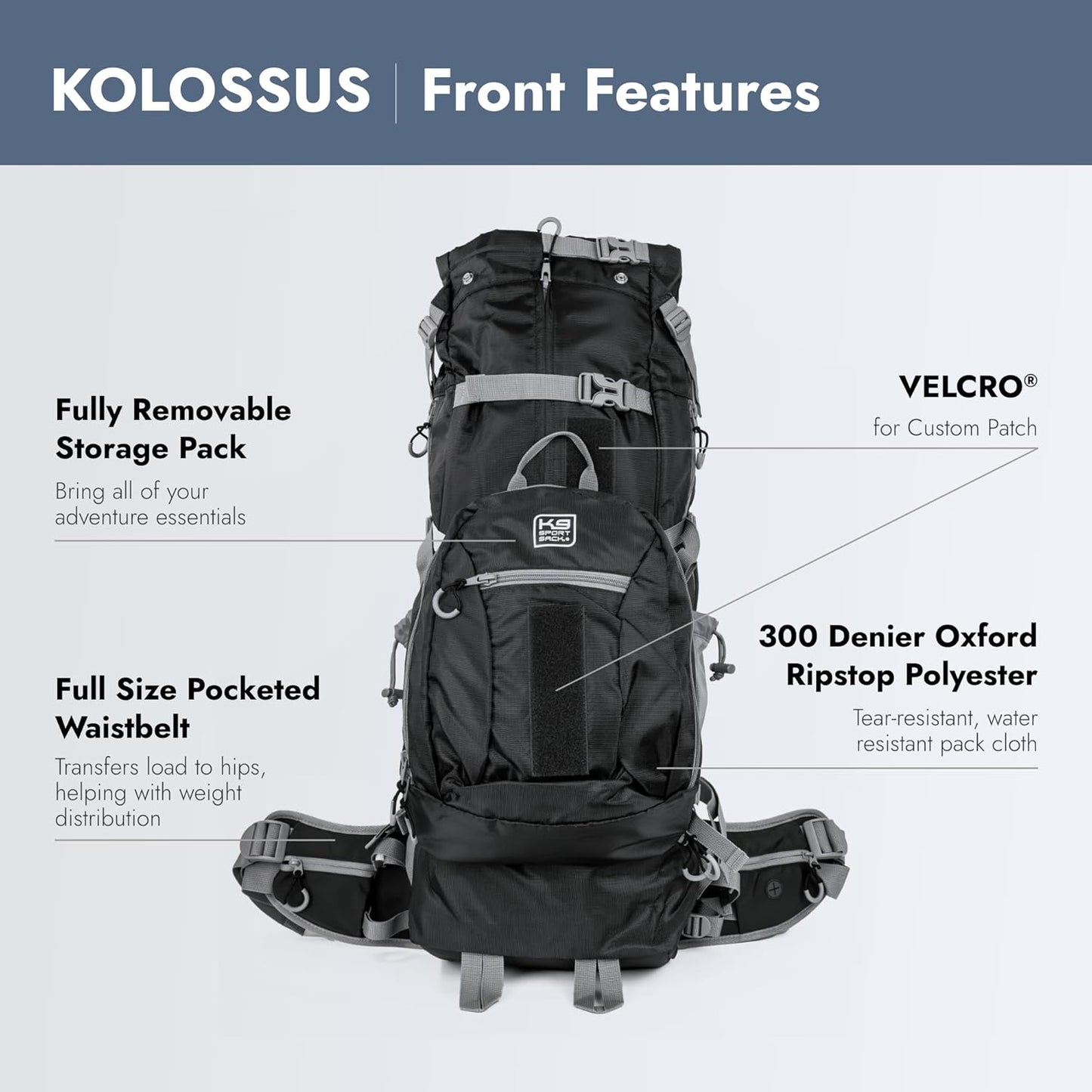 K9 Sport Sack Kolossus - XXL, Black - the Big Dog Backpack - Ideal for Dogs 26-29” Long - Fully Adjustable Pet Carrier - Doubles as a Professional-Grade 60L Hiking Pack