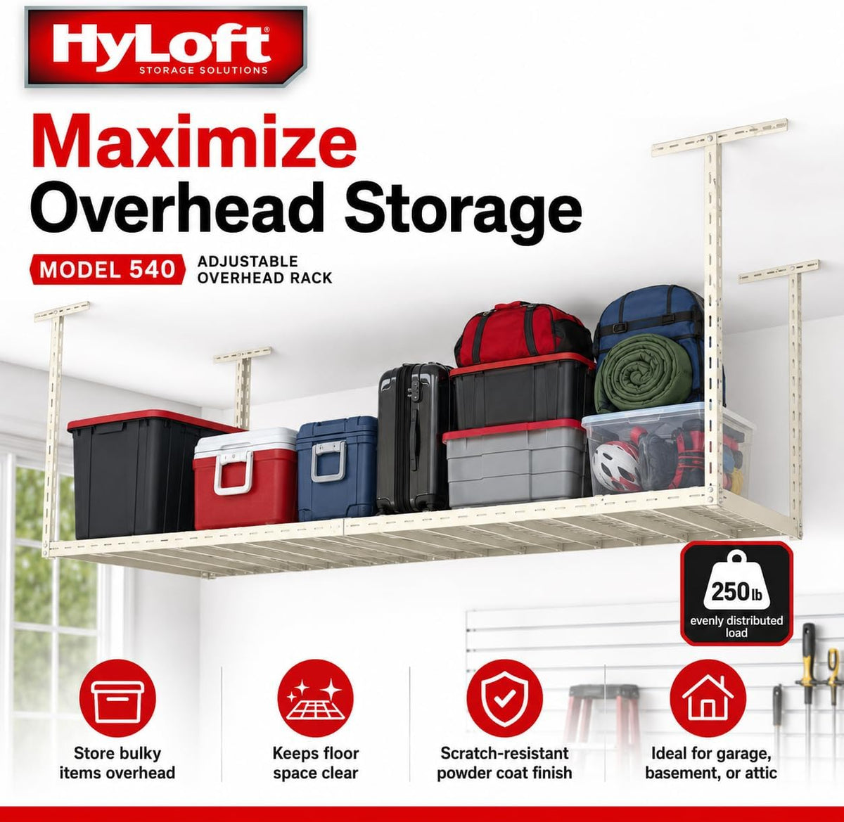 Hyloft Overhead Adjustable Garage Storage Rack,Heavy Duty Steel Garage Storage System, 45-Inch X 45-Inch, White