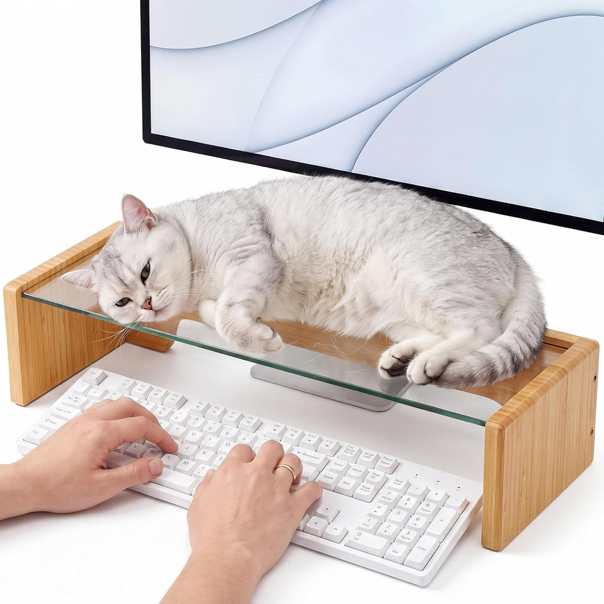 Marsui Bamboo Keyboard Cover, Anti-Cat Protector & Monitor Stand Riser