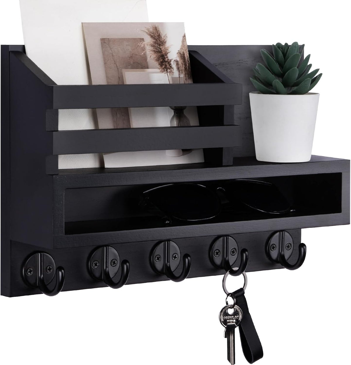 Key and Mail Holder Wall Mount, Key Hanger with Long Storage Box and 5 Hooks for Coat, Dog Leash, Home Decor Rack, House Accessories, Entry Way Organizer 11.8”W X 7.8”H X 3.2”D