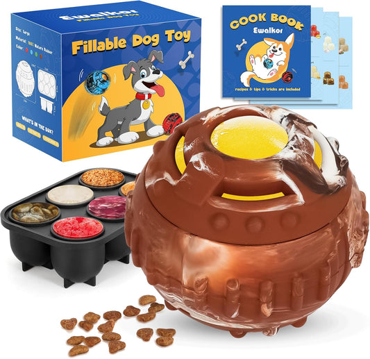 Dog Distraction Toy - Dog Toys to Keep Them Busy to Reduce Anxiety, Medium Chew Toy Ball Treat Dispenser with Freezable Fillable Treats Tray Mold for Aggressive Chewer, 4-IN-1 Mentally Stimulating Toy