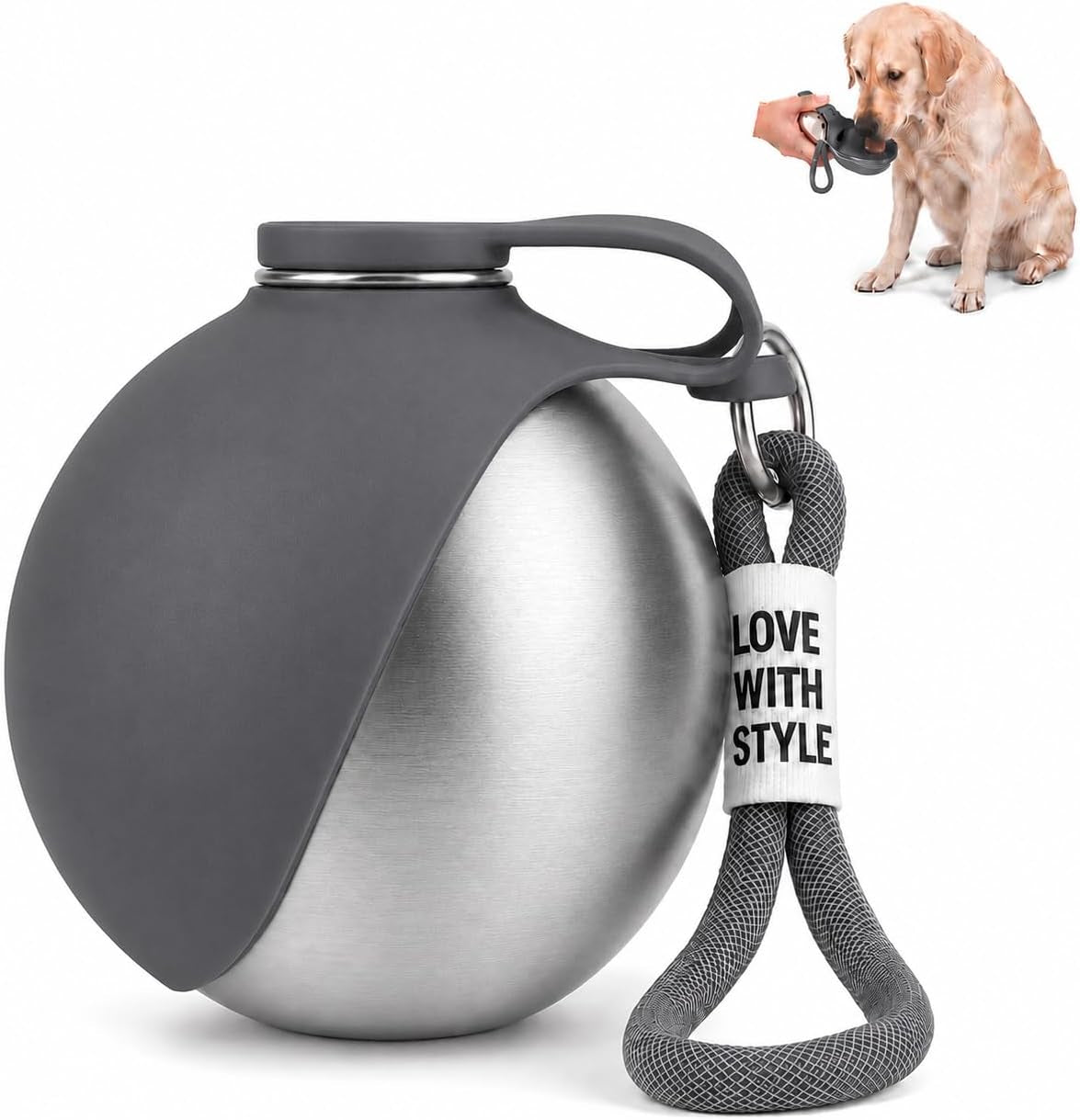 Portable Dog Water Bottle with Foldable Silicone Bowl, 10 Oz Stainless Steel Dog Travel Water Dispenser, Compact Leak-Resistant Pet Water Bottle for Walks, Hiking, Camping (Grey)