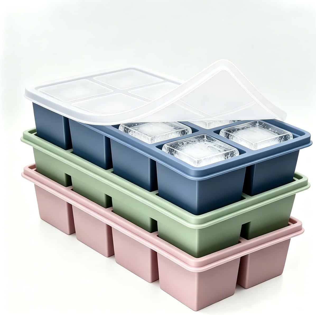 Large Silicone Ice Cube Trays with Lids, 3 Pack 2 Inch Square Ice Cube Molds, Colorful Blue Green Pink Ice Tray, Reusable Ice Cube Trays for Freezer Perfect for Whiskey Drinks