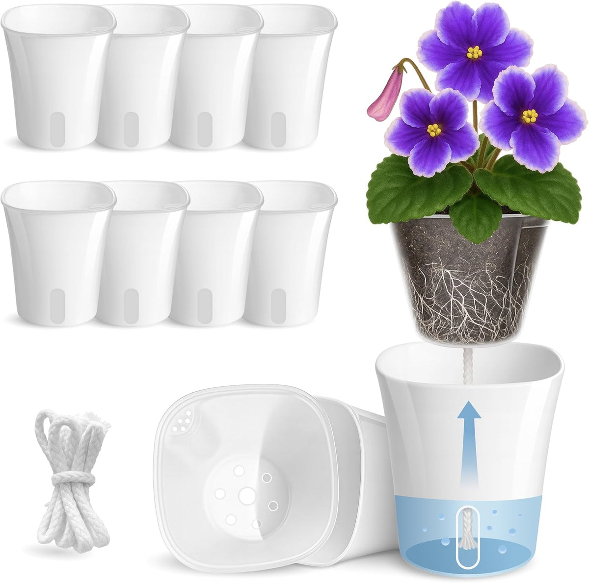 10 Pack 3" Self Watering Pots for Indoor Plants, Clear Inner Cup, Small White Plastic Planters, Water Level Indicator, Drainage Holes, Extra 3Ft Wick, Cuttings,Seedlings,Herb,African Violet