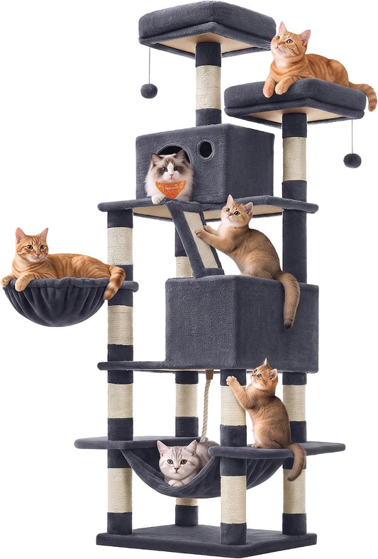 Feandrea Cat Tree, 66.1-Inch Large Cat Tower, Multi-Level Condo, Smoky Gray