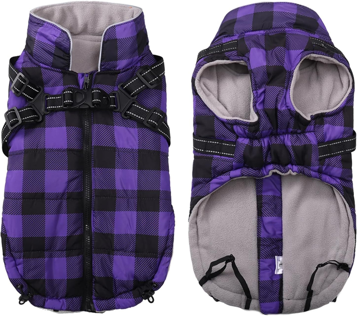 Waterproof Dog Coat with Harness Built In, Dog Winter Jacket,Puppy Vest Small Pet Clothes with Fleece Lining,Ideal for Outdoor and Indoor-Purple-L