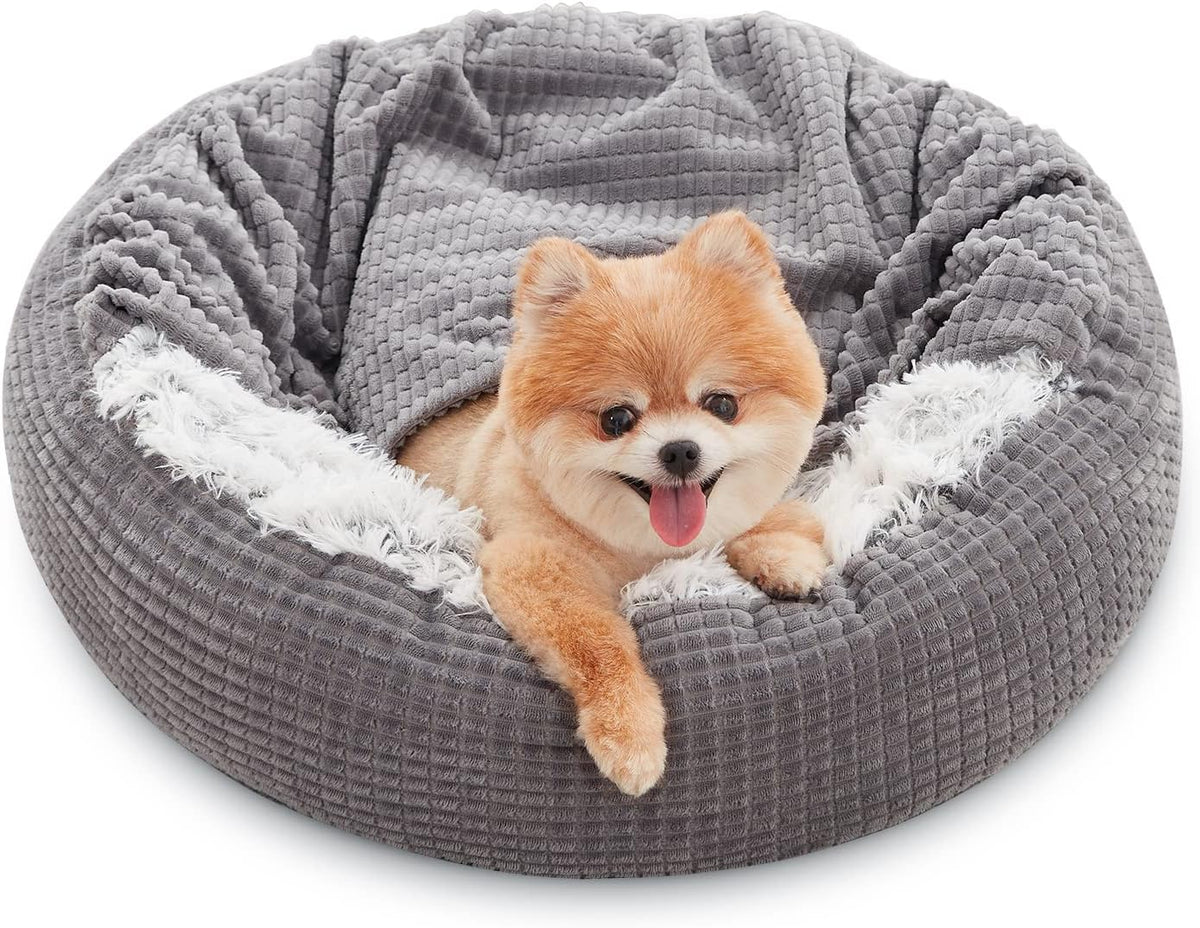 MIXJOY Small Dog Bed Cat Bed with Blanket Attached Donut Washable, 23In