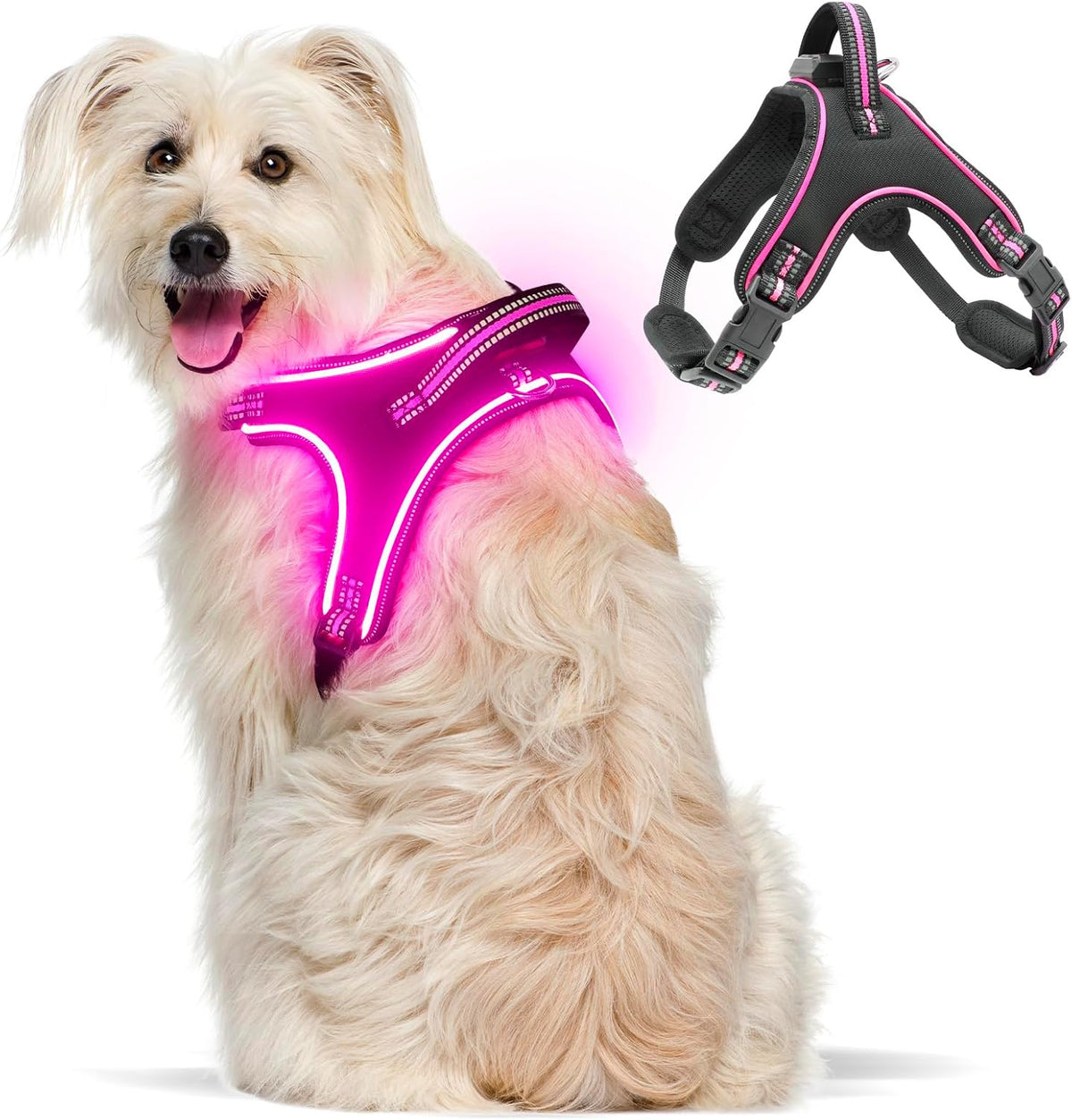 Flashseen Light up Dog Harness Rechargeable Rainproof Dog Vest with Handle for Night Walking, Lighted Dog Harness for Small Medium Large Dogs (Pink, XL)