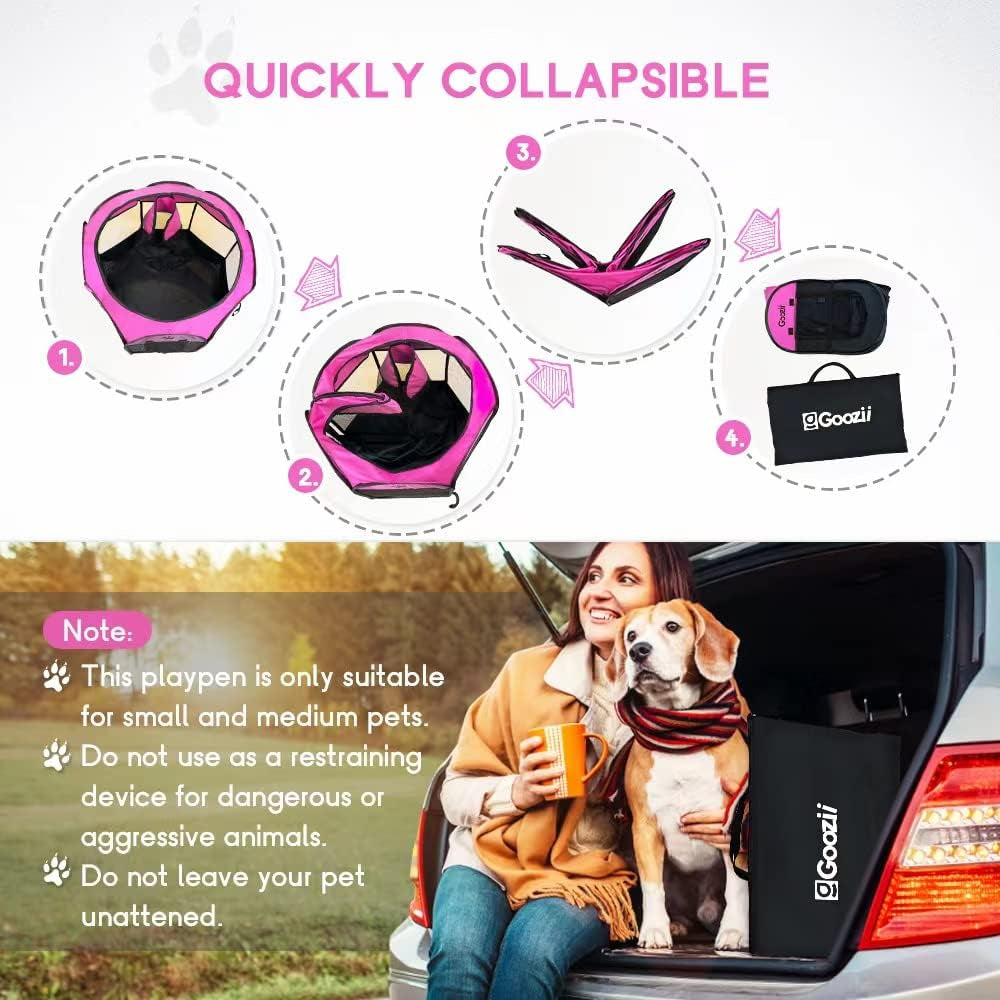 GOOZII Pet Cat Playpen for Indoor Cats Enclosed, Portable Foldable Dog Playpen Outdoor Tent Crate Cage with Zipper Top Cover Door for Kitten Puppy outside Rv Car Camper (Small Size, Pink)