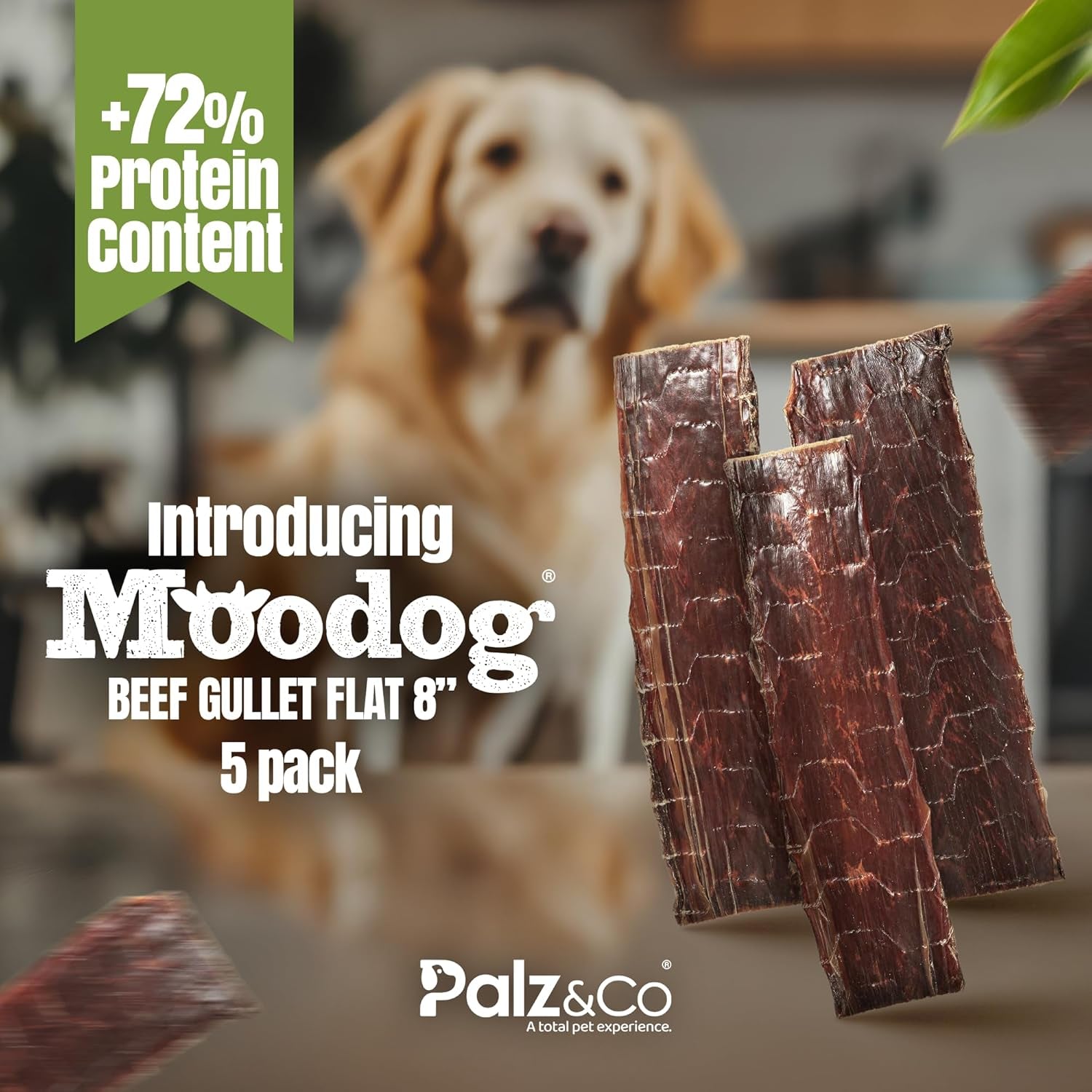 Palz&Co Moodog Beef Gullet Strips 8" for Dogs - High-Protein Chews, Supports Joint Health and Dental Hygiene, Easily Digestible, 5-Pack