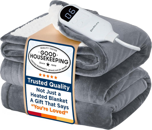 Bedsure Electric Blanket Twin with Preheat Function - Soft Flannel Heated Blanket Twin Size, Fast Heating with 6 Time Settings (Up to 10H) & 6 Heat Settings, Gifts for Grandma (62X84 Inches, Grey)