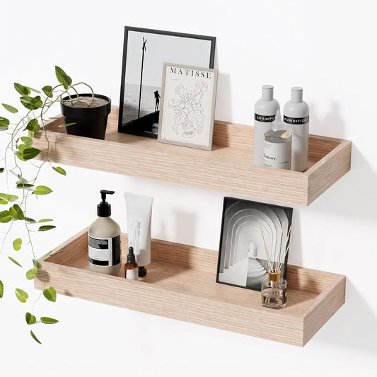 Oak Floating Shelves with Raised Lip 15.7 Inch, Set of 2, Wooden