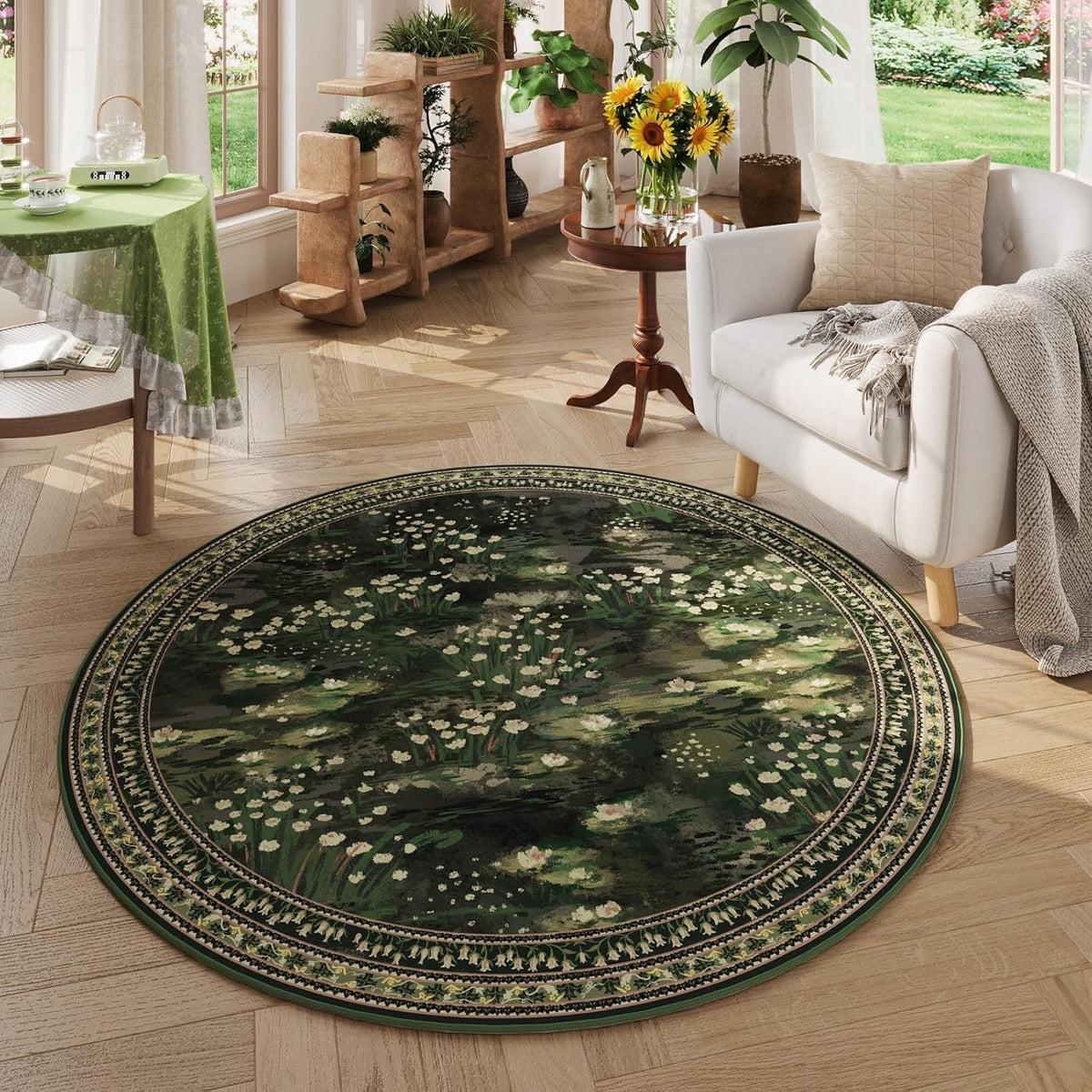 Rugcomf round Area Rug 4Ft Washable Vintage Impressionist-Style, Green
