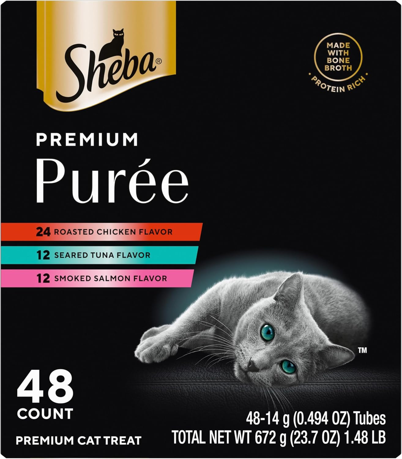 Sheba Premium Puree Cat Treats Lickable Roasted Chicken Flavor, Smoked Salmon Flavor, and Seared Tuna Flavor, 0.49 Oz. Tubes, 48 Count