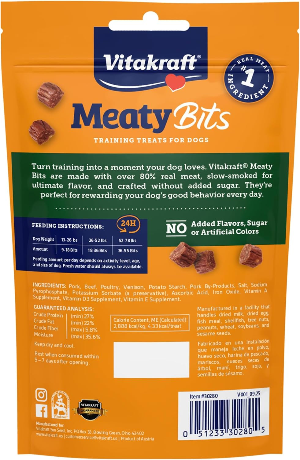 Vitakraft Meatybits Venison, Training Treats for Dogs, Naturally Smoked, Real Meat #1 Ingredient, No Added Sugar, No Artificial Flavors or Colors, Soft Dog Treats, Bag, 2.2 Oz, 7 Count