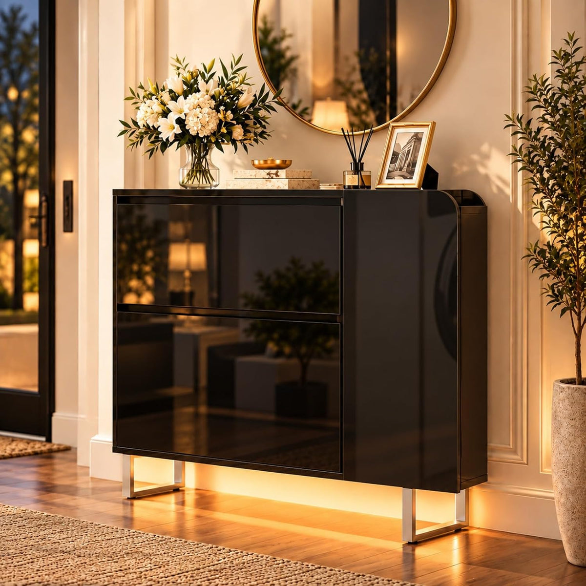 VINGLI High Gloss Shoe Cabinet for Entryway, 2 Flip Drawers with LED, Black