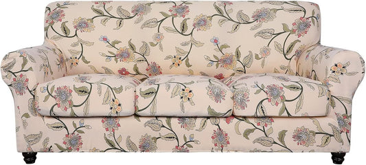 Searchi Stretch Sofa Cover Printed Couch Cover, Floral Pattern 4 Pieces Sofa Slipcover with 3 Separate Cushion Cover, Washable Furniture Protector for Living Room(Sofa, Yellow+Flower)