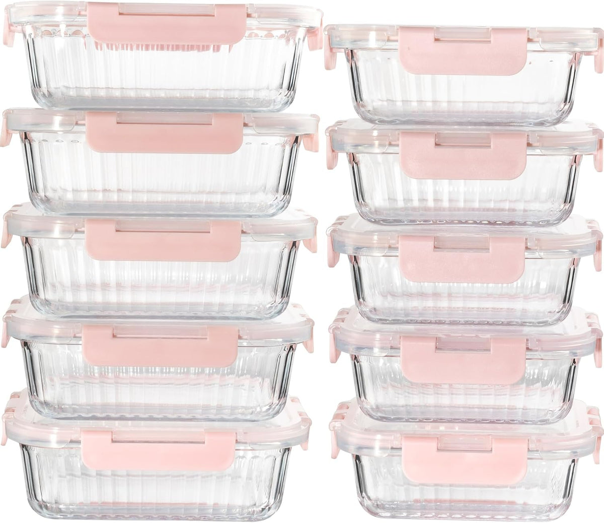 10 Pack Glass Food Storage Containers with Lids (34Oz & 12Oz) - Airtight, Leakproof, Meal Prep Containers for Kitchen - Dishwasher, Microwave, Oven, Freezer Safe High Borosilicate Glass (Pink)