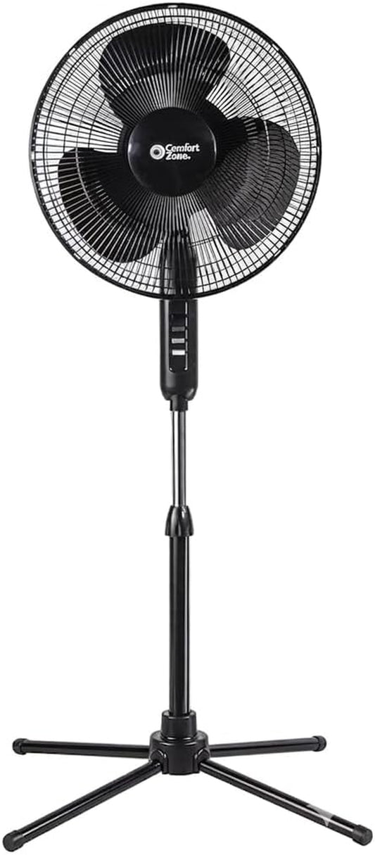 Comfort Zone Electric Oscillating Pedestal Fan, Stand Fan, 16 Inch, 3 Speed, 90 Degree Oscillating Head, Adjustable Height and Tilt, Airflow 7.48 Ft/Sec, Ideal for Home, Bedroom & Office, CZST161BTEBK