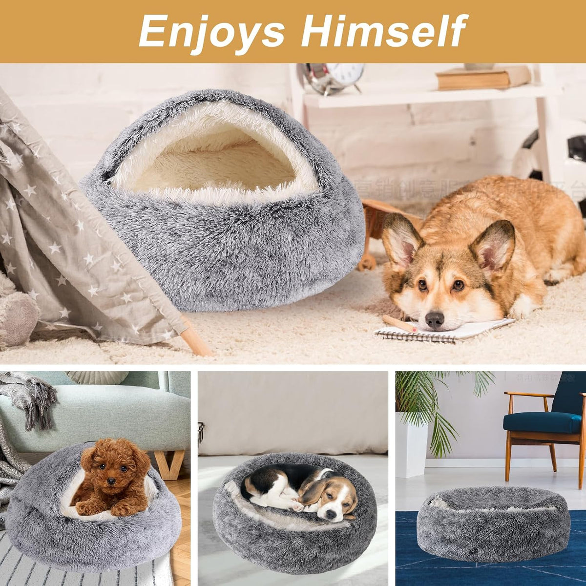 Hooded Dog Bed for Small Dogs, Nest Dog Beds, Washable Cute Cat Cave Bed, Cozy Nook Pet Bed for Dogs or Cats, Anti-Slip Puppy Bed Fits up to 22 Lbs Pets(Grey, 20" X 20")