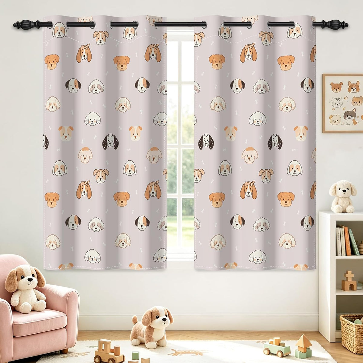 Kids Cute Dog Blackout Curtains, 80-90% Light Blocking Thermal Window Drapes, Cartoon Puppy Dog Head Printed Room Darkening Curtains for Boys Girls Nursery Bedroom, 42" W X 63" L