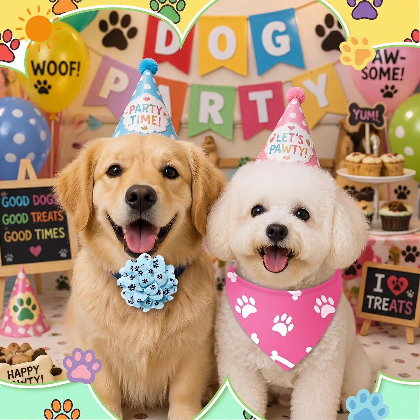 Huhumy 100 Pack Paw Print Dog Bandanas & Flowers, Cute Dog Paw Pattern Scarf Set, Photo Props & Grooming Accessories for Groomers, Pet Shops & Multi-Dog Families, 25 Styles