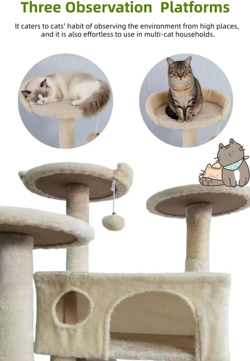 Cat Tree Tower for Indoor Cats,Cat House with Sisal Scratching Post,Multi-Level Cat Condo and 3 Large Platforms (Beige)