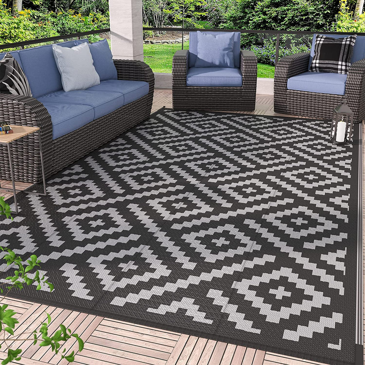 GENIMO Outdoor Rug, Waterproof Plastic Rugs for Patio, 5'X8' Black Grey