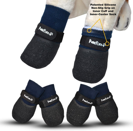 Double Dipped Thick Textured Waterproof Cotton Dog Socks | Pawflex Comfy Pawz Soft Indoor/Outdoor Pet Booties | Non-Slip Silicone Grip at Inner Wrist for No Twisting or Sliding Off| Adjustable Strap